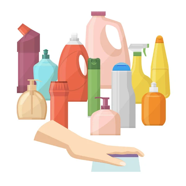 Botellas de productos químicos para el hogar suministros y limpieza ilustración vectorial tareas domésticas. Líquido plástico detergente, líquido doméstico limpiador paquete de productos químicos para el hogar . — Vector de stock