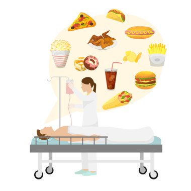 Doktor vektör illüstrasyon ile fast food, diyabet veya kardiyovasküler sistem hastası obezite. Fastfood'dan kaynaklanan sorunlar, hastalıklar. Hasta, damla sayaç ve beslenme doktoru.