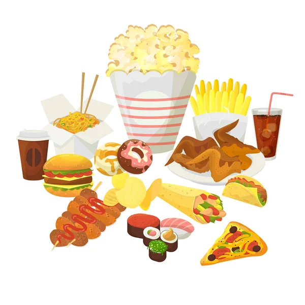 Vektor rychlého občerstvení izolovaný na bílém pozadí. Hamburger, popová kukuřice, Cola a smažené brambory s kuřecím jídlem, chutné množství jídel a nezdravá strava ve výživě. — Stockový vektor