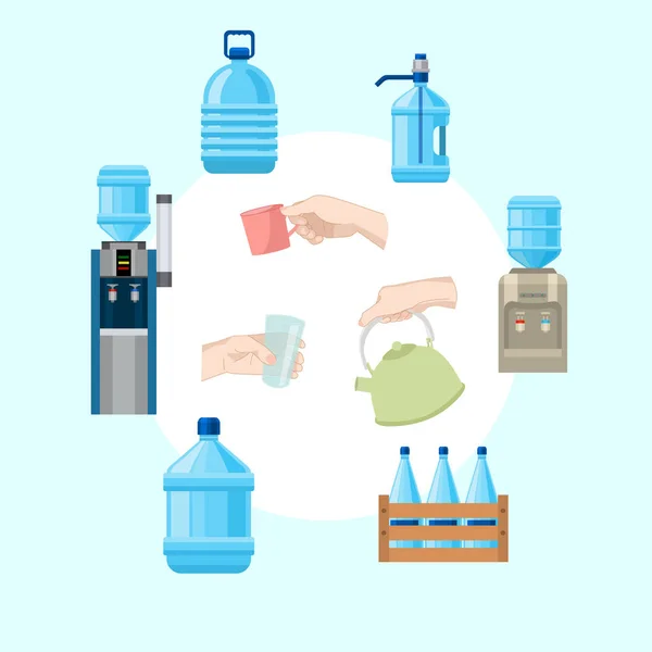 Ilustración vectorial de infografía de agua. Colección de ilustraciones relacionadas con el agua, símbolos, botellas de diferentes tamaños y formas, enfriador de agua mineral, hervidor y manos con tazas de agua . — Vector de stock