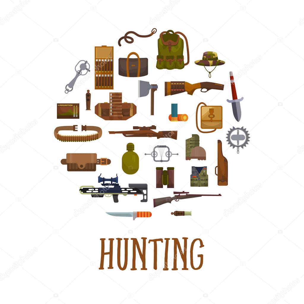 Hunting equipment and hunter accessories vector illustration. Hunt or rifle gun, carbine with arbalest crossbow, compass and binoculars and knife, belt with camouflage backpack and amunition.