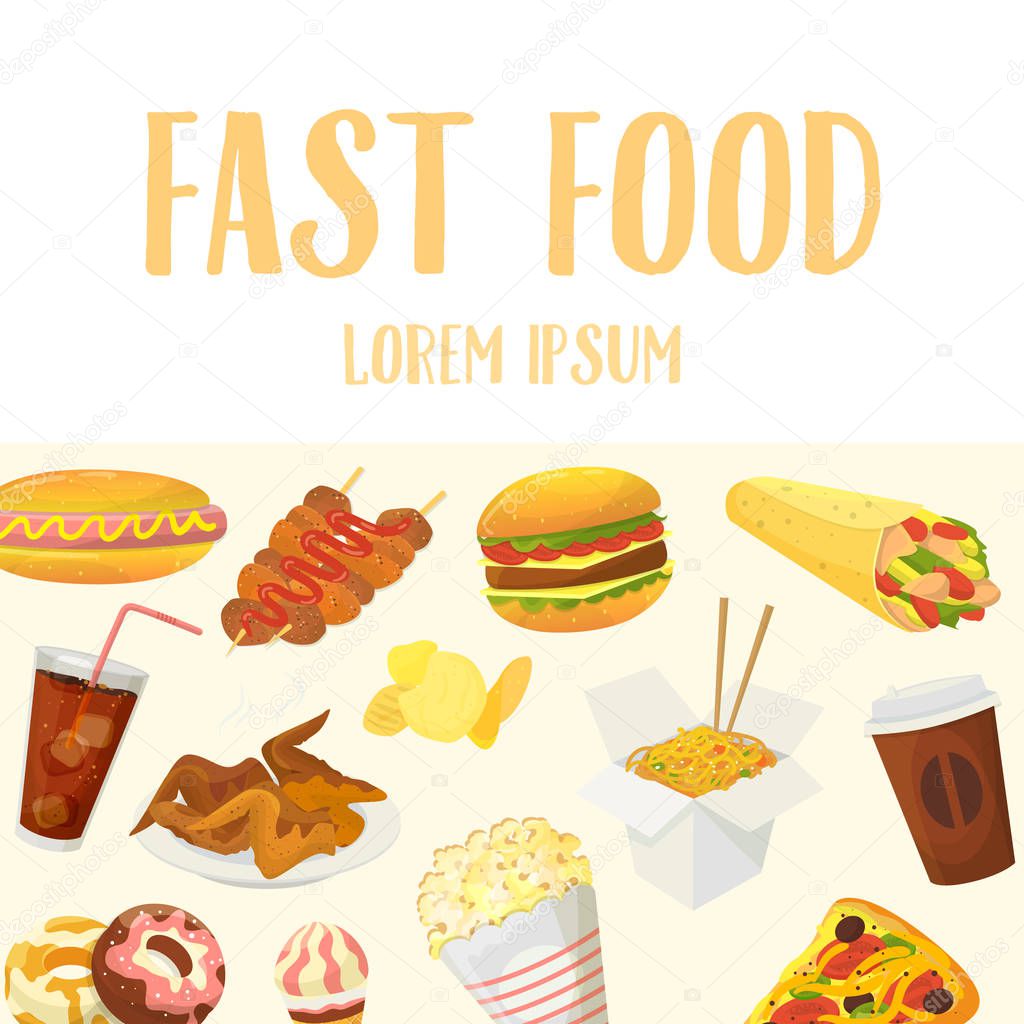 Fast food menu or restaurant background vector illustration. Poster with popcorn, mustard saus hotdogs, hamburger and roasted chicken with chips and pitzza. Fast food cover.