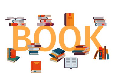 Beyaz arka plan vektör illüstrasyon üzerinde gigant harfleri kitap yığını. Kitap yığınları ve açık dergiler. Kitaplık veya okul için düz tarzda kitap simgesi yığını.