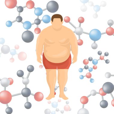 Kilo genetik sorunları vektör illüstrasyon kaybetme. DNA molekülleri üzerinde kilo kaybı sorunları ile insan yağ vücut. Tıbbi diyetler ve aşırı kilo tedavileri reklam için.