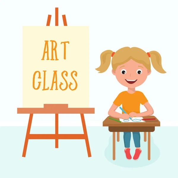 Niña de preescolar sentada en clase de arte, de vuelta a la ilustración vectorial escolar. Kindergarden dibujar lección con caballete y pinturas. Clase de arte educación dibujos animados imagen . — Archivo Imágenes Vectoriales