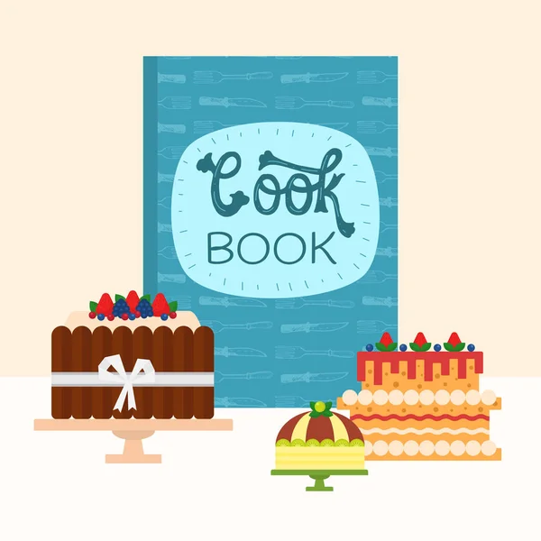 Cartoon cookbook and chocolate and berries cakes vector illustration. Food cooking illustrations design. Cakes bakery and cook book concept. — Stock Vector