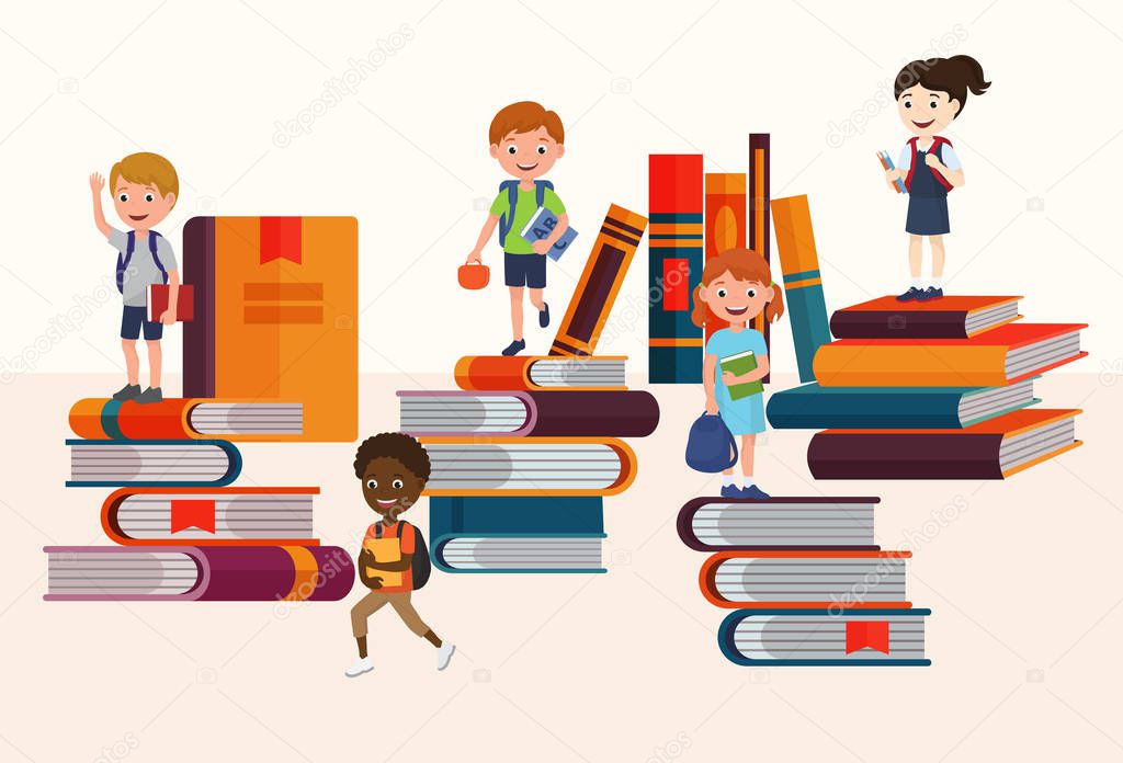 Kids reading books and enjoying literature vector illustration. Cartoon boys and girls loving to read, sitting and laying surrounded with piles of books. Children book readers.