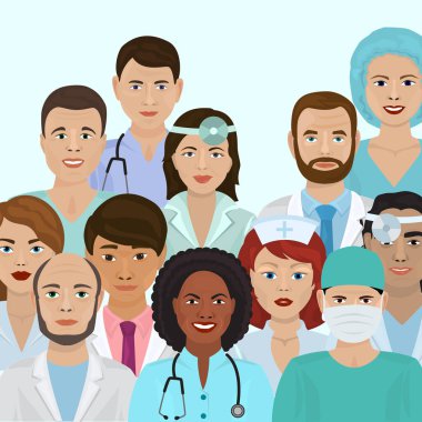 Tıbbi personel, erkek ve kadın doktorlar sağlık vektör illüstrasyon. Sağlık hastanesi sağlık personeli üniformalı doktor, hemşire. Profesyonel tıp takım konsepti.