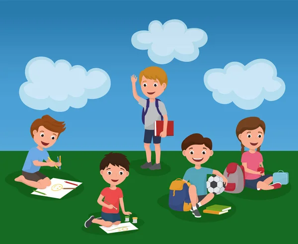 Atividade das crianças no jardim de infância de verão ilustrações vetoriais coloridas. Desenhos animados meninos jardim de infância e meninas sentados na grama e estudando alfabeto, jogando futebol e desenho imagens . — Vetor de Stock