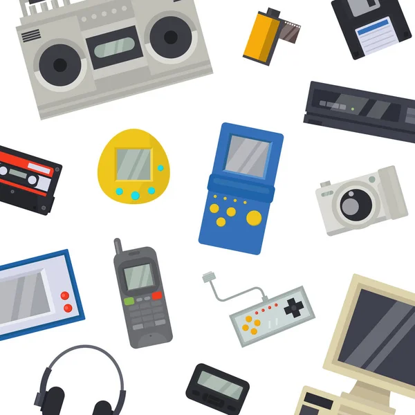 Dispositivos de tecnología antigua patrón vectorial. Ilustración de cintas de cassette antiguas, computadora, reproductores y cámara fotográfica. Dispositivos nostálgicos de tecnología 80 s-90 aislados en blanco . — Vector de stock