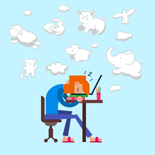 Trött man överarbetade sova sitter på stolen innan datorn och titta på drömmar vektor illustration. Somna medan du arbetar på datorn. Sweet Dreams, moln i form av djur. — Stock vektor