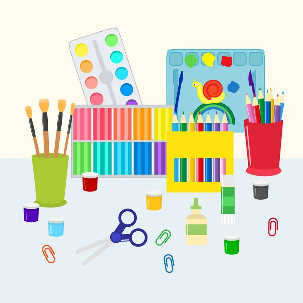 Colorful stationery set vector illustration. Coloring pencils, pens, scissors and paints with brushes. Kids and school supply, art stationery, education equipment. — Stock Vector
