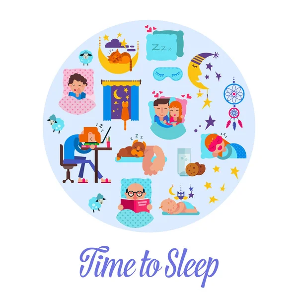 เวลานอน ภาพเวกเตอร์แบน ชุดการ์ตูนที่มีคนนอน, นาฬิกาปลุก, หมอนและคุณสมบัติห้องนอน, ฝันหวานและทารกหลับ . — ภาพเวกเตอร์สต็อก