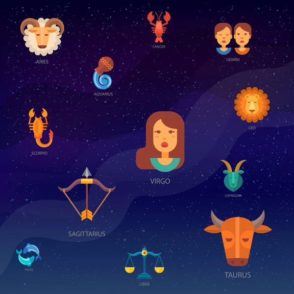 Знаки зодиака векторный шаблон, фон с иллюстрациями астрологических персонажей мультфильма. Зодиакальные иконы астрологический шаблон. Символы гороскопа . — стоковый вектор