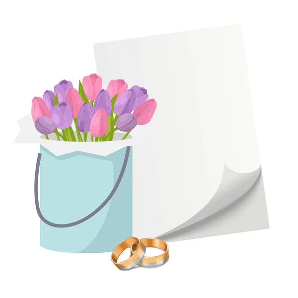 Unsur undangan pernikahan dengan cincin emas, karangan bunga tulip dan ilustrasi vektor kertas kosong. Sepasang cincin pernikahan emas terisolasi di atas putih . - Stok Vektor