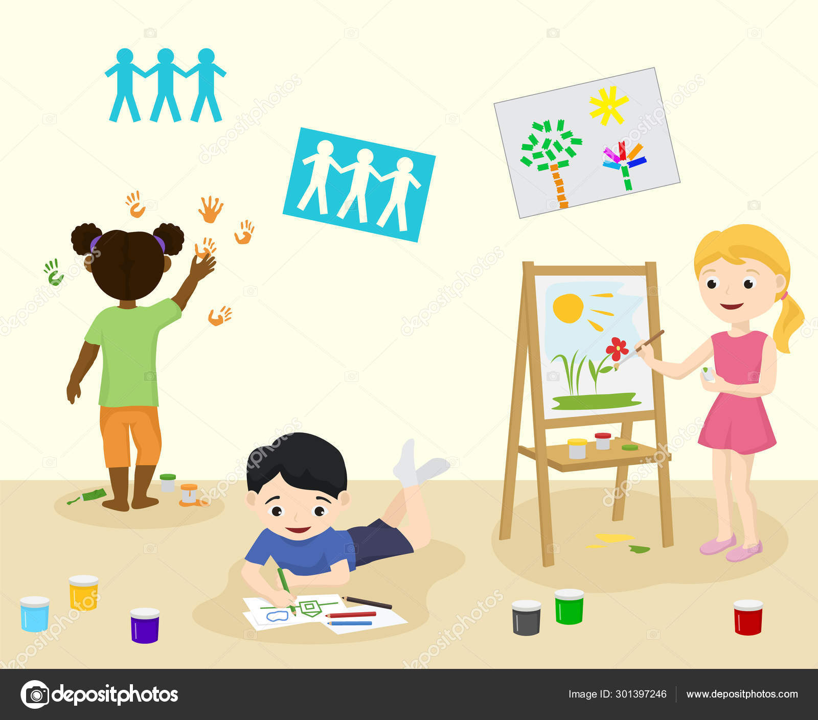 Kids in kindergarden draw and paint in art class vector illustration.  Pre-school children painting and drawing pictures, cartoon kids characters  poster. Stock Vector Image by © #301397246