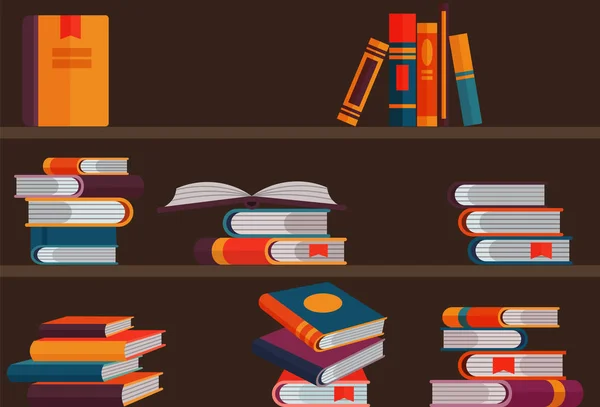 Bücherregal lesen Bücher Vektor Illustration für Buchladen oder Bibliothek. Zurück zum Schul- und Bildungsplakat. Flache bunte Bücher in braunen Regalen. Innenraum der Bibliothek. — Stockvektor