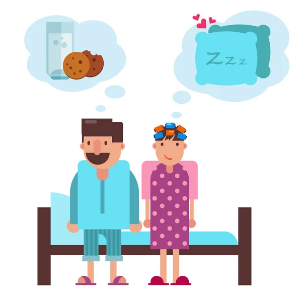 Tecknad par innan du ska sova i sängen vektor illustration. Hustru i natt dukar funderar på att somna. Man försöker bekämpa sömnlöshet genom att äta kakor med kopp mjölk. — Stock vektor