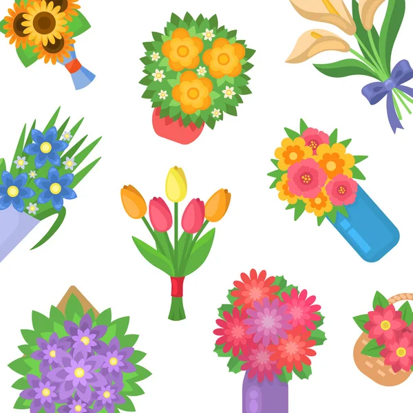 Schöner Strauß Frühlingsblumen Blumensträuße Vektormuster Illustration. Karikatur bunte Tulpen, Kamille und Frühlingsblumen auf weißem Hintergrund. — Stockvektor