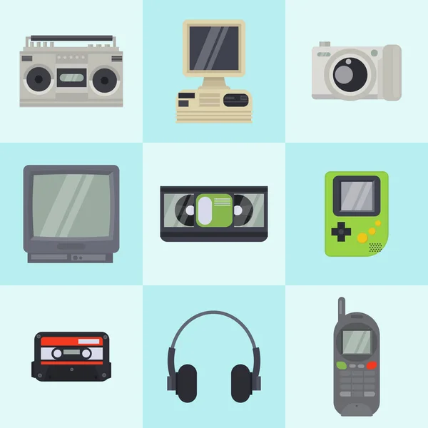 复古的90年代技术多媒体设备矢量模式在正方形。带相机、旧电脑、电视和手机的旧复古多媒体电子娱乐小工具的平面插图. — 图库矢量图片