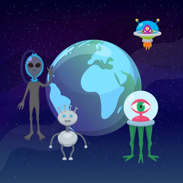 OVNI juego de dibujos animados extranjeros con planeta tierra planeta vector ilustración. Fantástico OVNI y personas futuristas alientes y planeta azul juego de guerra espacial. Universo de viaje juego . — Vector de stock