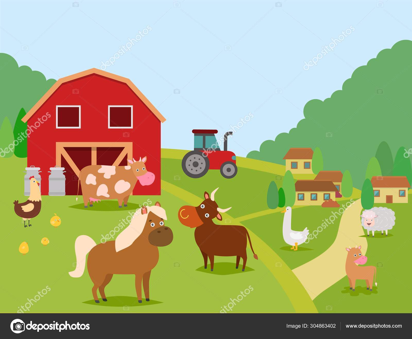Farm animals vector illustration. Domestic animals cow, bull and calf, sheep, horse. Poultry chicken with chicks and duck. Barn, cans, houses, tractor. Farmer house and his animals Stock Vector Image by Β© # Farm animals vector illustration. Domestic animals cow, bull and calf, sheep, horse. Poultry chicken with chicks and duck. Barn, cans, houses, tractor. Farmer house and his animals Stock Vector Image by Β© #