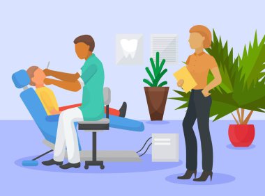 Diş ofis temizleme prosedürü vektör illüstrasyon. Çocuk diş hekimi ve hastası bir diş hekimliği kliniğinde. Erkek doktor diş kontrolü erkek oturan, diş sağlık, doktor kadın asistan