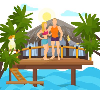 Egzotik tropik ada tatil çift aile balayı vektör illüstrasyon sevdi. Terasta duran vacay mayo çift, palmiye yakınındaki bungalov önünde deniz suyu