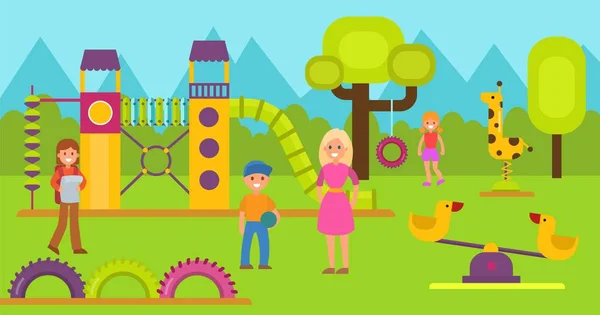 Счастливые дети на детской площадке векторная иллюстрация. Мальчик и девочка-подросток с матерью или учителем гуляют и играют на игровой площадке. Детский игровой и спортивный комплекс. Детский сад или школьный район — стоковый вектор