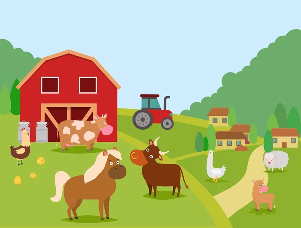 Vektorová ilustrace hospodářských zvířat. Domácí zvířata krávy, býk a lýtka, ovce, koně. Drůbeží kuře s kočkama a kachnou. Stodoly, plechovky, domy, traktor. Dům farmáře a jeho zvířata — Stockový vektor