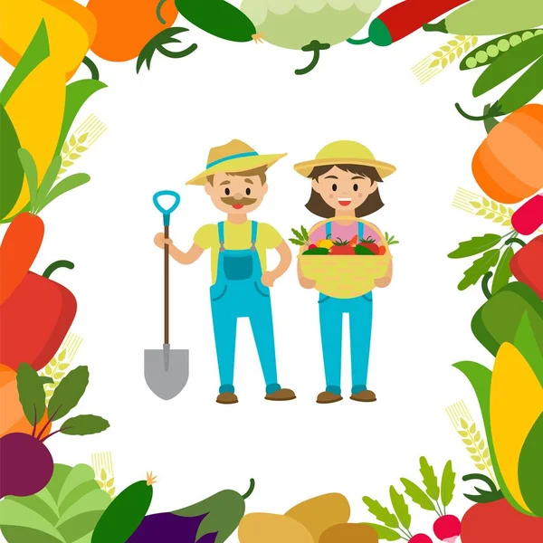 Egy pár gazdák a betakarítás vektoros illusztráció. Nő gazdaság kosár friss zöldségekkel, férfi állva lapátot, keretezi a zöldségek. Hálaadási betakarítás — Stock Vector
