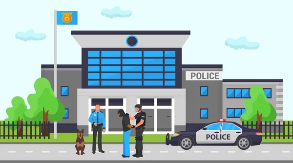 Εικονογράφηση του αστυνομικού σταθμού. Δύο μπάτσοι, ένας σκύλος και ένα περιπολικό στο δρόμο μπροστά από το κτίριο του τμήματος. Ένας αστυνομικός κρατά παγιδευμένη έναν μασκοφόρο εγκληματία. — Διανυσματικό Αρχείο