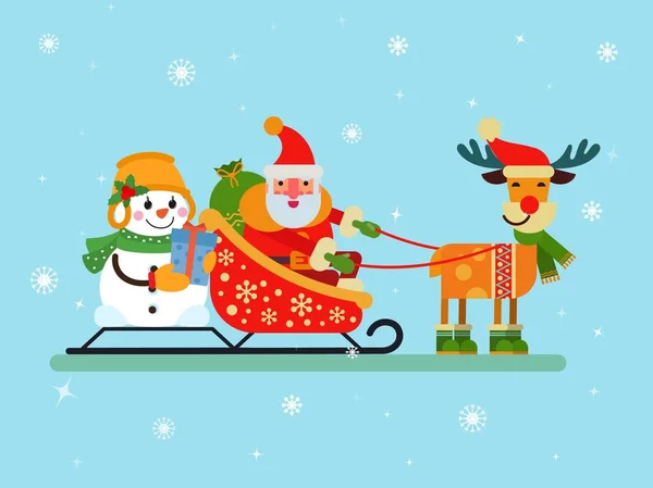 Santa Claus y muñeco de nieve sentado en trineo aprovechado por la ilustración de vectores de ciervos. Papá Noel trae regalos de Navidad. Las felicitaciones de Año Nuevo y Feliz Navidad . — Vector de stock