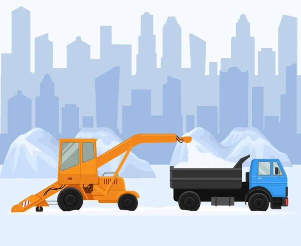 Удаление снега на векторной иллюстрации большого города. Две машины работают и чистая улица, дорога. Снегоочиститель удаляет груду снега из грузовика . — стоковый вектор
