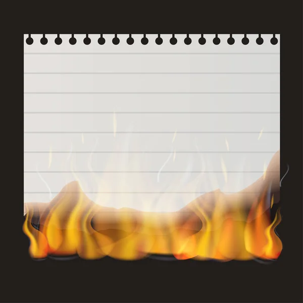 Empty paper sheet from notepad on fire. Flaming lined paper sheet on black background. Burning paper. Vector illustration. — ストックベクタ