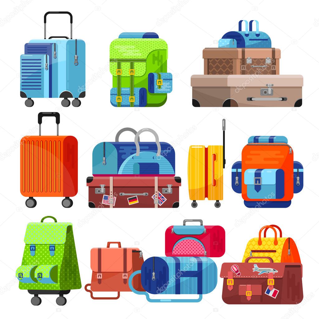 Travel bag vector luggage suitcase for journey vacation tourism illustration set of trip baggage and tour adventure case or handbag for tourist isolated on white background