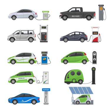 Yakıt alternatif araç vektör takım-araba veya gaz-kamyon ve güneş-van veya benzin elektrik istasyonu illüstrasyon biyo-etanol ve hidrojen elektrikli araba beyaz arka plan üzerinde izole seti