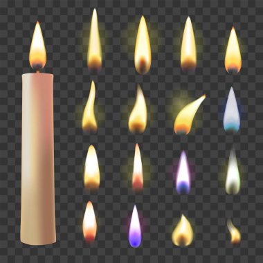 Mum alevi vektörü, mum ışığı ve yanıcı ışık yansıtması ateşledi. Alevli, gerçekçi, parlak, parlak, parlak, yanık dekorasyonu, siyah şeffaf arka planda izole edildi.