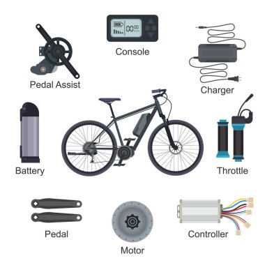 Ekolojik döngü pilli elektronik bisiklet vektör taşımacılığı. Ekolojik ekolojik bisiklet ekolojik bisiklet pedallı destek konsolunun çizimi. Beyaz arka planda izole edilmiş gaz konsolu.