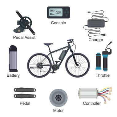 Electric bike vector e-bike transportation with ecologic cycle battery power energy illustration set of ebike ecological biking pedal-assist charger console throttle isolated on white background clipart