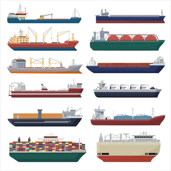 Φορτηγό πλοίο διάνυσμα ναυτιλία μεταφορά εξαγωγή εμπορευματοκιβωτίων εικονογράφηση σύνολο βιομηχανικών επιχειρήσεων φορτίου μεταφοράς απομονωμένο σε λευκό φόντο — Διανυσματικό Αρχείο
