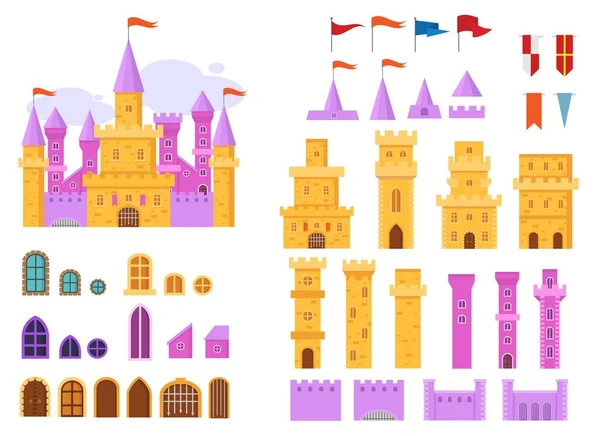 Desenhos animados castelo vetor conto de fadas torre medieval construtor de fantasia palácio edifício no reino fairyland ilustração conjunto de histórico conto de fadas casa bastião isolado no fundo branco — Vetor de Stock