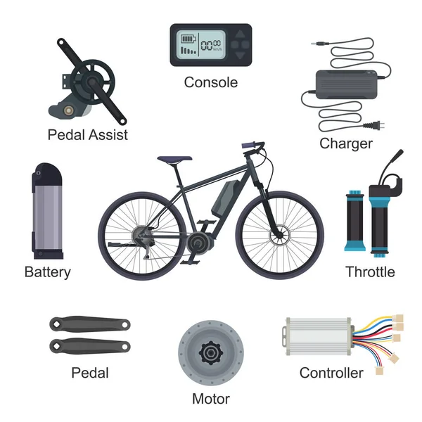 Bicicletta elettrica vettoriale e-bike trasporto con ciclo ecologico batteria energia illustrazione set di ebike ecologico pedalata assistita caricabatterie console acceleratore isolato su sfondo bianco — Vettoriale Stock