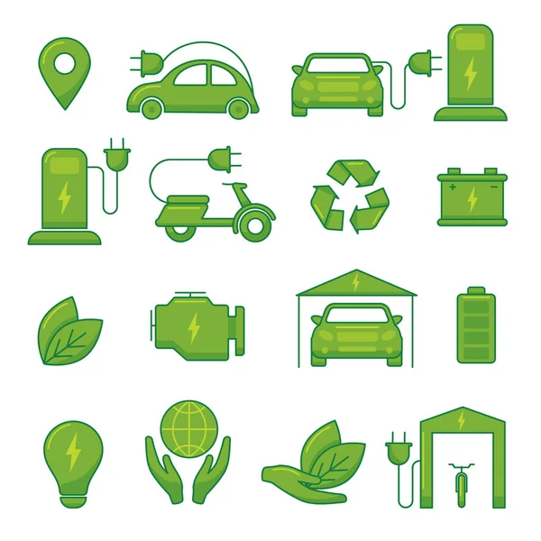 전기 자동차 벡터그린 에코 기술 아이콘 ( 영어 : electric car vector green Eco technology tickets) 자동차 삽화 ( 영어 ) 환경친화적 전기 운송 에너지 세트 — 스톡 벡터
