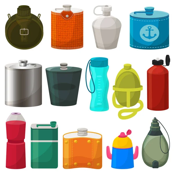 Flask vector metaal gebotteld hip drankje thermo en fitness sport plastic fles illustratie set van bottelen roestvrij heupfles en chroom bus voor water geïsoleerd op witte achtergrond — Stockvector