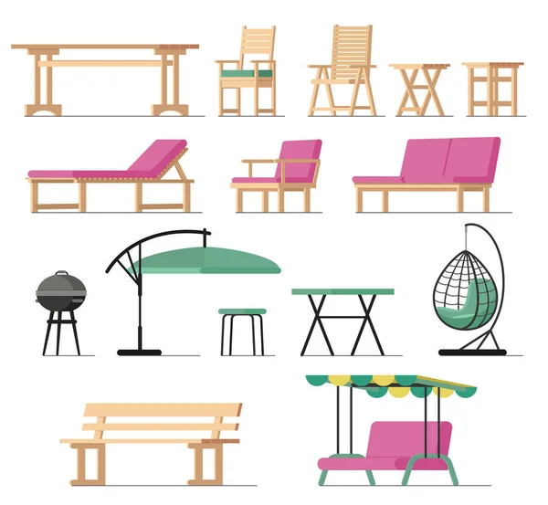 Садовая мебель векторный стол стул стул древесный уголь-гриль на террасе дизайн на открытом воздухе в летнем дворе за пределами иллюстрации садоводства набор релаксации мебель кресло изолированы на белом фоне — стоковый вектор