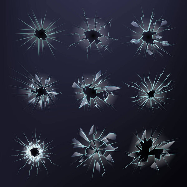Broken glass vector realistic bullet holes in window shattered mirrow illustration set of cracked crushed glasses isolated on black background