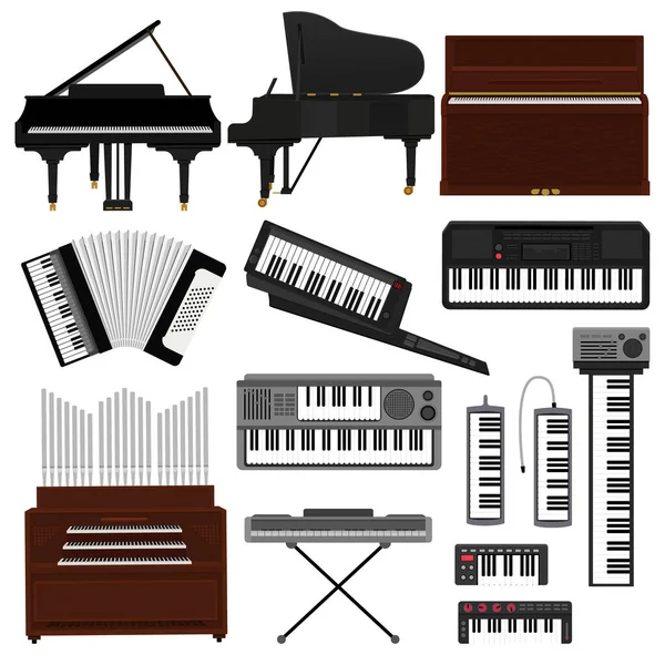 Teclado instrumento musical vector músico equipo piano de orquesta sintetizador acordeón pianoforte clásico órgano ilustración conjunto de música teclado forte-piano aislado sobre fondo blanco — Vector de stock