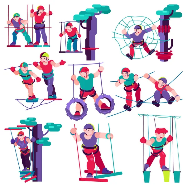 Barn rep vektor barn karaktär klättring i äventyr rep-park illustration barn underhållning uppsättning rep lekplats spel och aktivitet extrem utrustning isolerad på vit bakgrund — Stock vektor