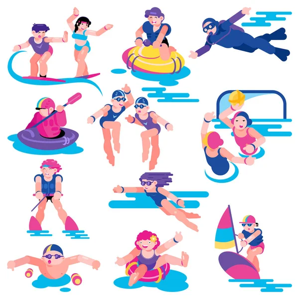 Agua deporte vector personas carácter en vacaciones surf en tabla de surf ilustración conjunto de hombre mujer niños carácter nadando jugando waterpolo y kayak en el mar aislado sobre fondo blanco — Vector de stock